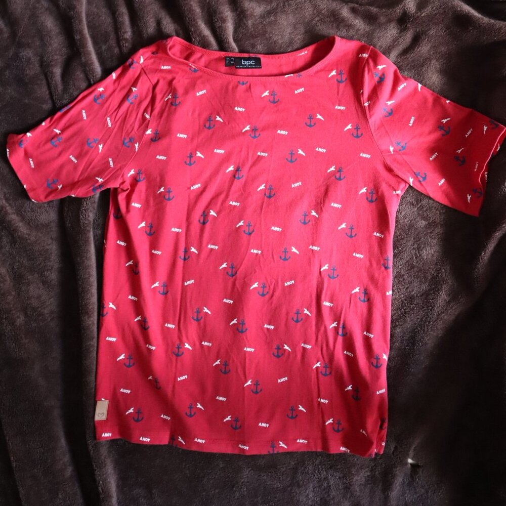 <👽 3/20$>Bonprix collection, Red Tee, Anchor Print, Short Sleeve, size Medium
